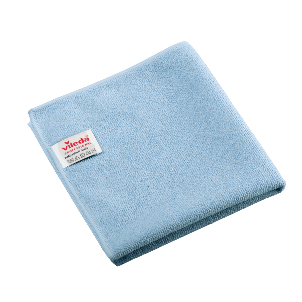 Panno in microfibra Vileda Professional r-MicroTuff Swift blu, piegato, con etichetta bianca cucita su cui figurano il nome del marchio e i simboli di lavaggio.