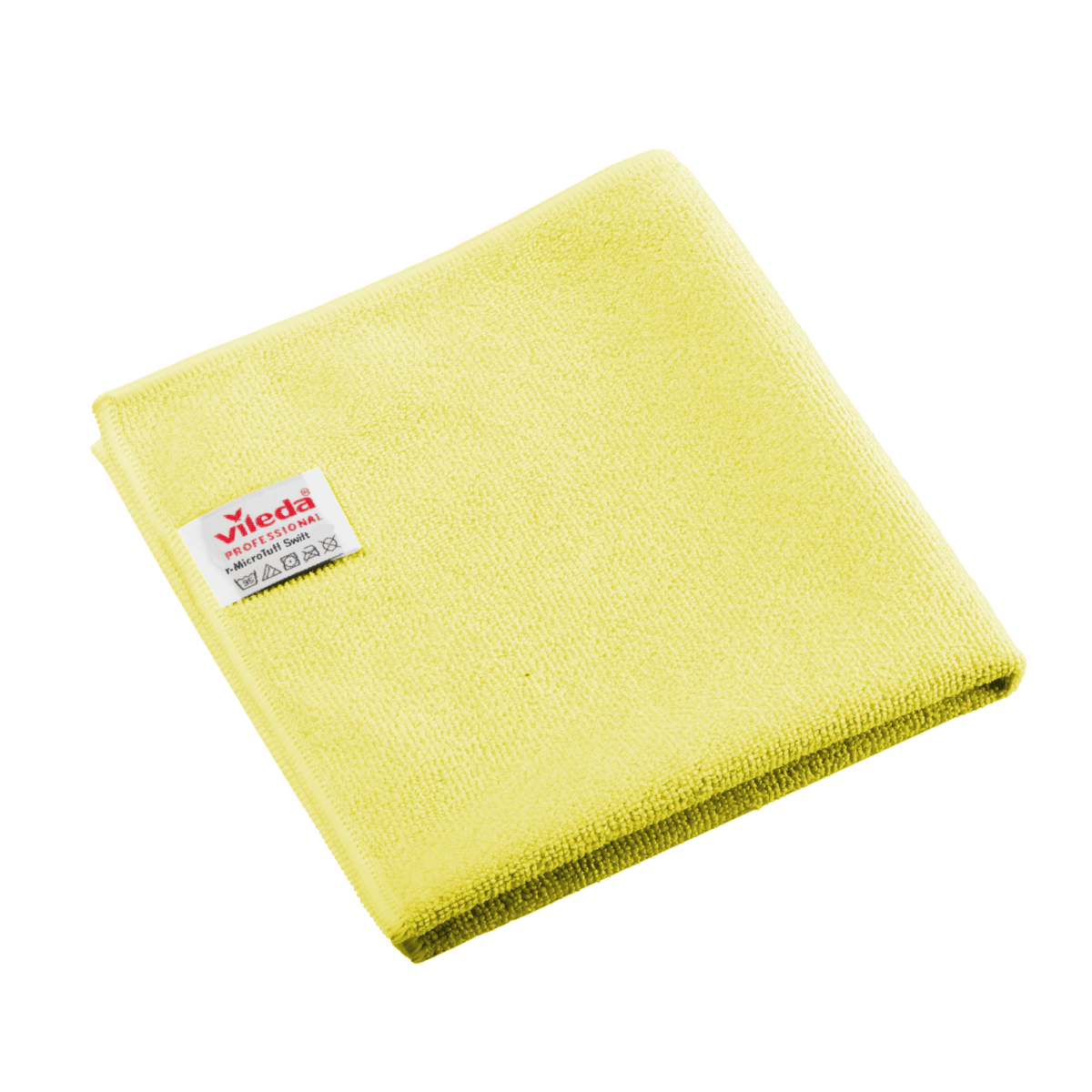 Panno in microfibra Vileda Professional r-MicroTuff Swift giallo, piegato, con etichetta bianca cucita.