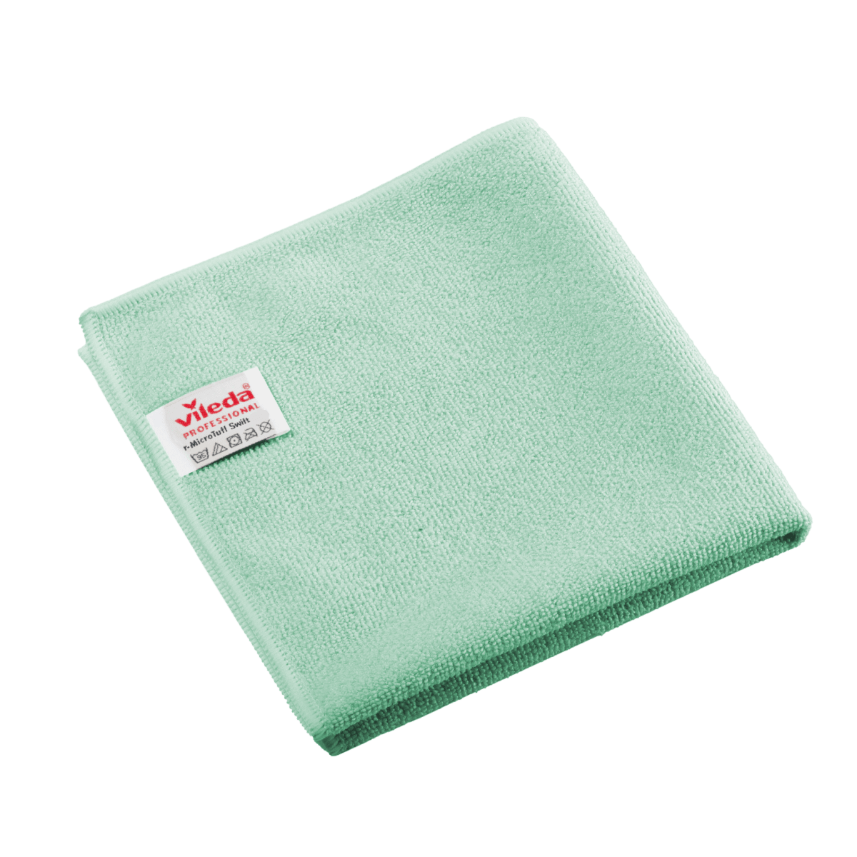 Panno in microfibra Vileda Professional r-MicroTuff Swift verde, piegato, con etichetta bianca cucita.