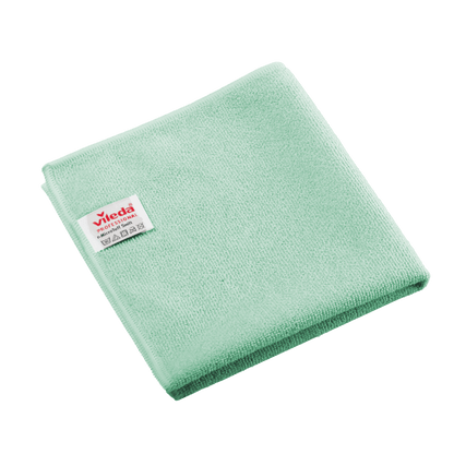 Panno in microfibra Vileda Professional r-MicroTuff Swift verde, piegato, con etichetta bianca cucita.