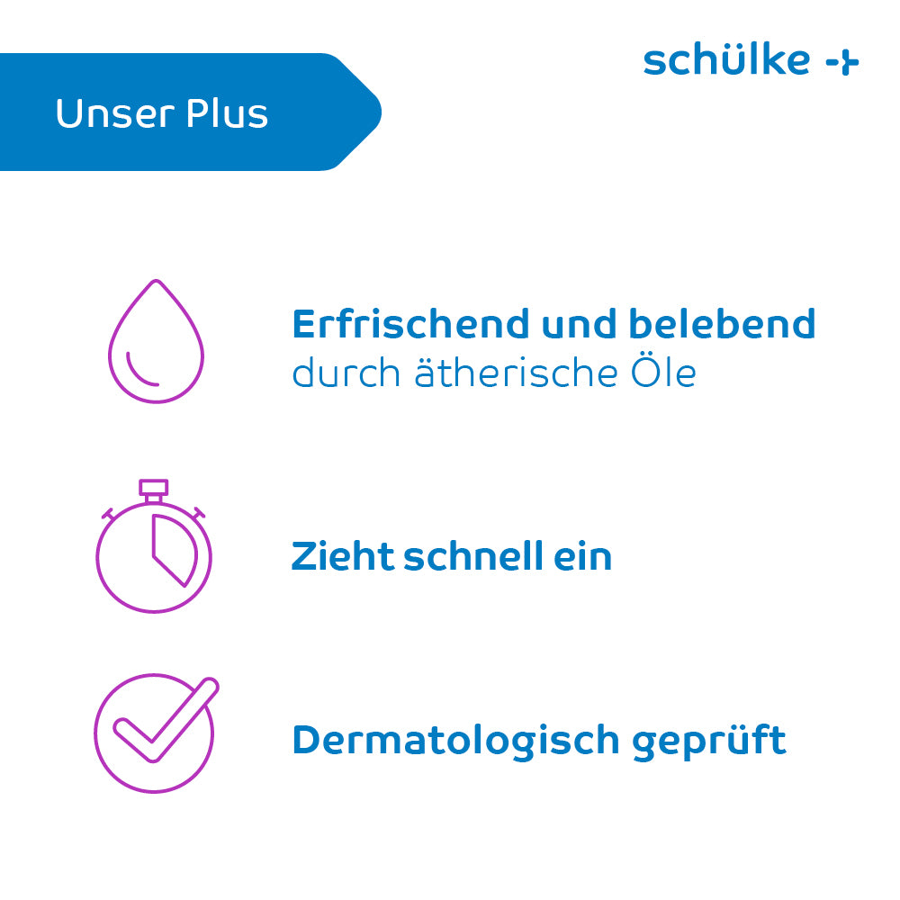 Eine Grafik mit deutschem Text zur Präsentation von Schülke & Mayr GmbH, Schülke esemtan® active Gel - 500 ml| Flasche (500 ml) und drei Symbole. Das erste Symbol ist ein Tropfen mit der Aufschrift „Erfrischend und belebend durch ätherische Öle.“ Das zweite Symbol ist eine Stoppuhr mit der Aufschrift „Zieht schnell ein“. Das dritte Symbol ist ein Häkchen mit der Aufschrift „Dermatologisch geprüft“.