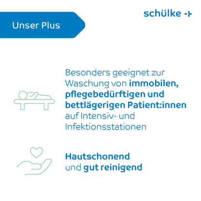 Un grafico con testo che pubblicizza i prodotti di Schülke & Mayr GmbH e ne evidenzia l'idoneità per il lavaggio di pazienti immobili e allettati nei reparti di terapia intensiva e infettivi. Si afferma che i guanti da lavaggio Schülke esemtan® confezione da 10 | Confezione (10 guanti) sono delicati sulla pelle e puliscono bene. Contiene semplici simboli di un letto e una mano con un cuore.