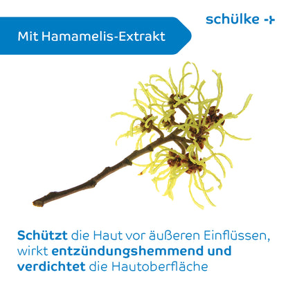 Auf weißem Hintergrund ist ein Zweig der Hamamelis mit gelben Blüten abgebildet. Der Text lautet „Mit Hamamelis-Extrakt“ und beschreibt in deutscher Sprache die hautschützenden Vorteile, einschließlich der Linderung von Hautirritationen. Auf der Verpackung der Schülke sensiva® Schutzcreme ist in blauer Schrift „Schülke & Mayr GmbH“ abgebildet.
