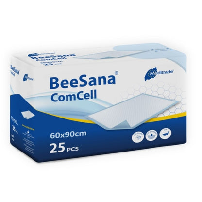 L'immagine mostra una confezione rettangolare del supporto BeeSana® ComCell della Meditrade GmbH. La scatola bianco-blu misura 60x90 cm, contiene 25 pezzi ed è realizzata in carta di cellulosa altamente assorbente.