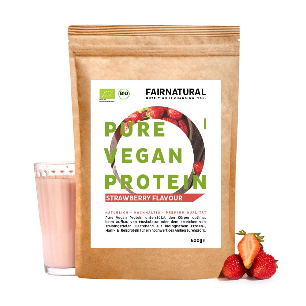 Proteine in polvere vegane biologiche alla fragola senza soia