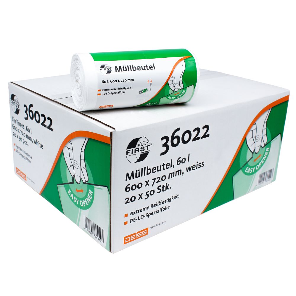 L'immagine mostra il sacchetto della spazzatura DEISS First Plus® da 60 litri, Premium-LDPE, modello 36022 di EMIL DEISS KG (GmbH + Co.). La robusta scatola in LDPE premium è dotata di informazioni sul prodotto e immagini e ha un rotolo di sacchetti sopra. Il design con le caratteristiche „Easy Opener“ e „Extreme Reißfestigkeit“ assicura comfort e affidabilità nell'uso quotidiano.