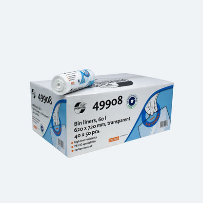 Una scatola e un rotolo di sacchi per rifiuti trasparenti DEISS Universal Plus® da 60 litri con l'iscrizione „49908“, prodotti da EMIL DEISS KG (GmbH + Co.). La scatola contiene 40 rotoli con una capacità di 60 litri ciascuno e dimensioni di 620 x 720 mm. L'imballaggio in HDPE si distingue per caratteristiche come l'elevata resistenza allo strappo e la neutralità del CO2.