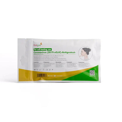 Il Hotgen Sars-CoV-2 Antigen Laien Schnelltest CE0123, un test affidabile per l'autodiagnosi del SARS-CoV-2, si distingue per un marchio verde-giallo accattivante. La confezione contiene sul davanti un'immagine con istruzioni per il tampone nasale ed è progettata in più lingue per garantire una facile manipolazione.