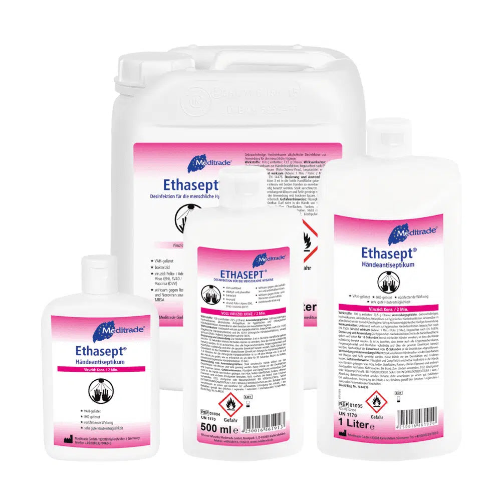 Collezione di disinfettanti per le mani Meditrade Ethasept® in diverse dimensioni, tra cui una bottiglia da 50 ml, 500 ml, 1 litro e una tanica da 5 litri, tutte etichettate