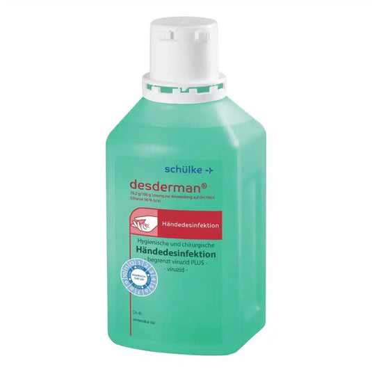 Una bottiglia di disinfettante per le mani Schülke desderman®. Il flacone è di colore verde chiaro con tappo bianco e le etichette riportano le istruzioni per l'uso e i loghi. (Marchio: Schülke & Mayr GmbH)
